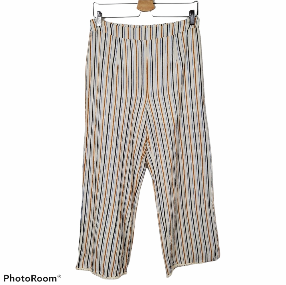 *Paper Crane White Blue Stripe Crop Wide Leg Pants Flowy Coastal Beach Western